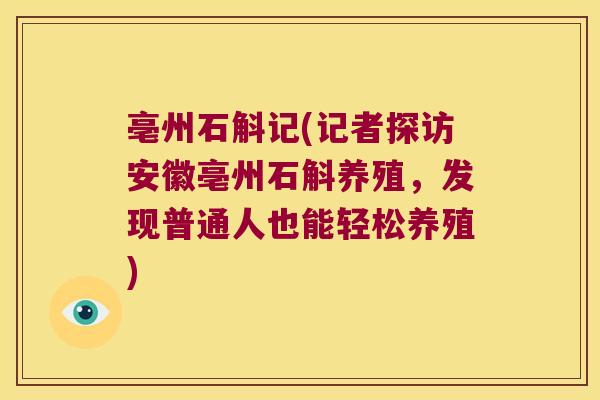 亳州石斛记(记者探访安徽亳州石斛养殖，发现普通人也能轻松养殖)