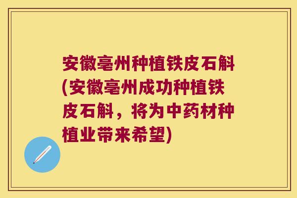 安徽亳州种植铁皮石斛(安徽亳州成功种植铁皮石斛，将为中药材种植业带来希望)