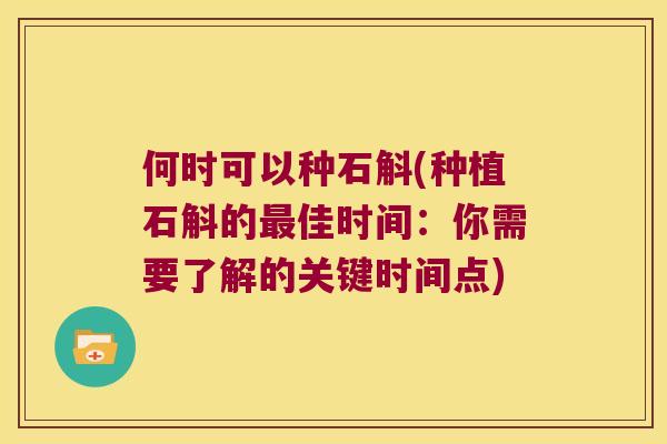 何时可以种石斛(种植石斛的最佳时间：你需要了解的关键时间点)