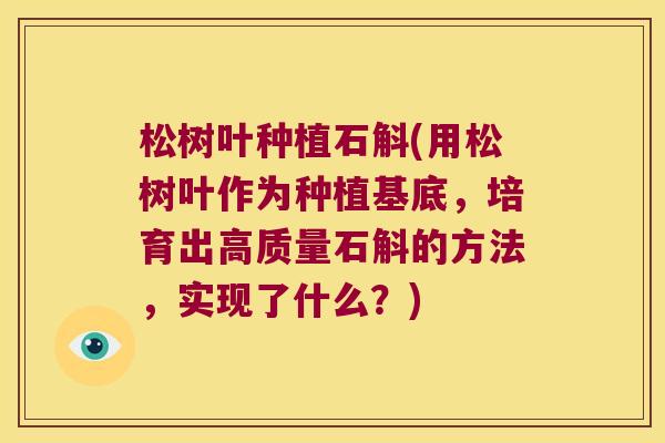松树叶种植石斛(用松树叶作为种植基底，培育出高质量石斛的方法，实现了什么？)
