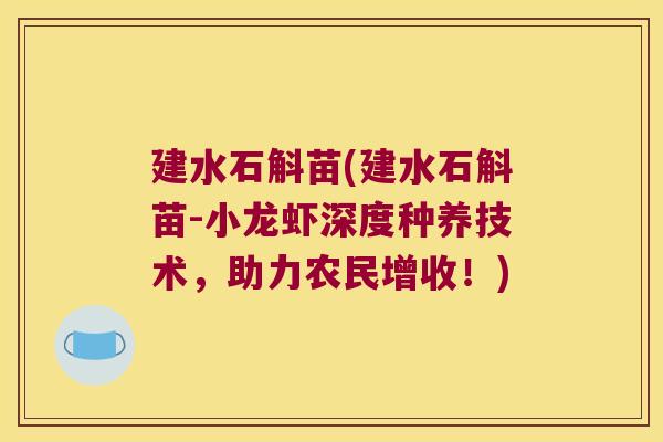 建水石斛苗(建水石斛苗-小龙虾深度种养技术,助力农民增收!) 建水石斛苗(建水石斛苗-小龙虾深度种养技术,助力农民增收!)