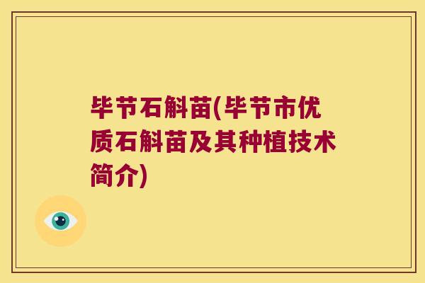 毕节石斛苗(毕节市优质石斛苗及其种植技术简介)