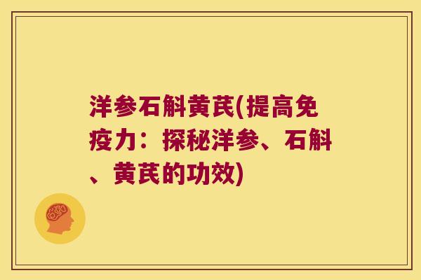 洋参石斛黄芪(提高力:探秘洋参、石斛、黄芪的功效) 洋参石斛黄芪(提高力:探秘洋参、石斛、黄芪的功效)