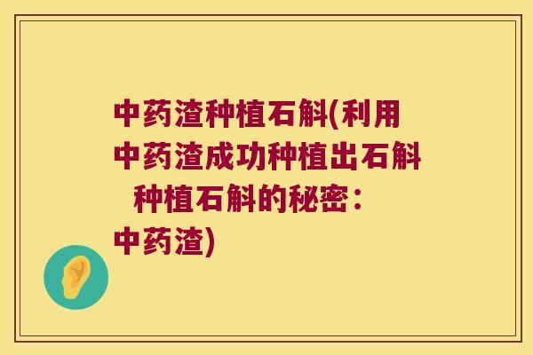 渣种植石斛(利用渣成功种植出石斛  种植石斛的秘密：渣)