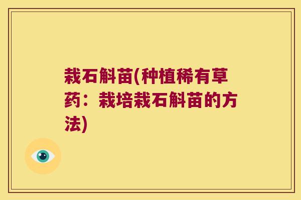 栽石斛苗(种植稀有草药：栽培栽石斛苗的方法)
