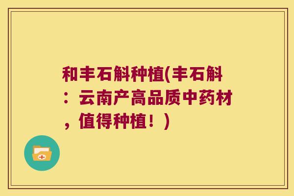 和丰石斛种植(丰石斛：云南产高品质材，值得种植！)