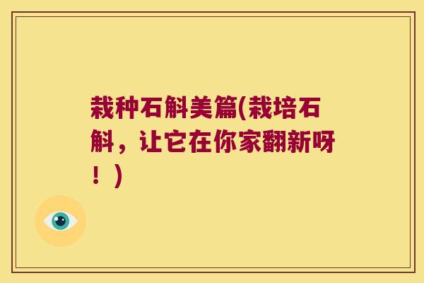 栽种石斛美篇(栽培石斛，让它在你家翻新呀！)